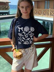 青少年女孩印花短袖T恤，适合年轻学生的舒适时尚夏季上衣 - 藏蓝色 - 查看 4