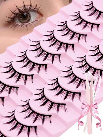 10 Pairs Natural False Eyelashes With Eyelash Brush 1/5 Pcs And Clip 1 Set, Cartoon 3D Mink Lashes, Soft Curly Natural Realistic Eyelash Extension Striped Lashes, False Eyelashes, Eyelashes, False Eyelashes, False Eyelashes, Eyelash Clip, Eyelash Cluster, Eyelashes, Magnetic Eyelashes, Eyelash Cluster