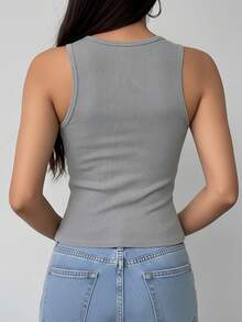 1件女士休闲针织罗纹背心，修身纯色圆领无袖上衣，简约日常穿着 - 灰色 - 查看 4