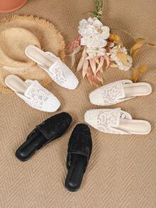 2026 New Vacation Style Lace Mesh Breathable Backless Comfortable Fashion Versatile Hollow Design Square Toe Women Flat Mule Shoes, Holiday Gift - Black - View 9