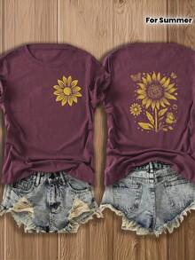 Double-Sided Printed Colored Cotton T-Shirt  Comfortable, Stylish With Minimalist Design, Casual & Versatile, INS Style Sunflower And Butterfly Design 100 Percent Cotton Graphic T Shirts - Màu Đỏ Sâu - Xem 1