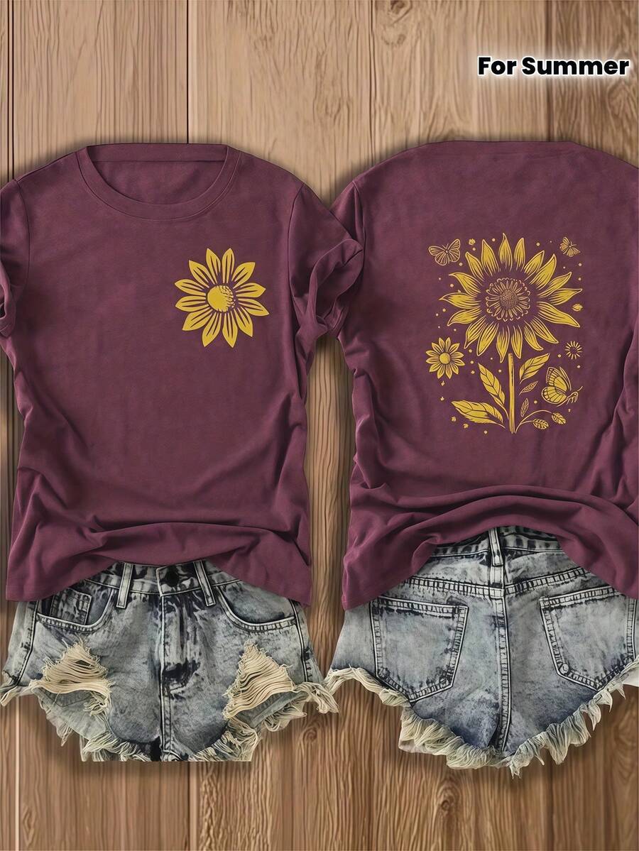 Double-Sided Printed Colored Cotton T-Shirt  Comfortable, Stylish With Minimalist Design, Casual & Versatile, INS Style Sunflower And Butterfly Design 100 Percent Cotton Graphic T Shirts - Màu Đỏ Sâu - Xem 1
