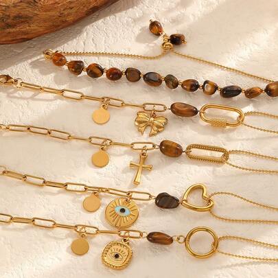 1 pieza Pulsera de acero inoxidable con cruz, colgante con corazón y piedra de ojo de tigre, joyería de estilo bohemio para mujeres