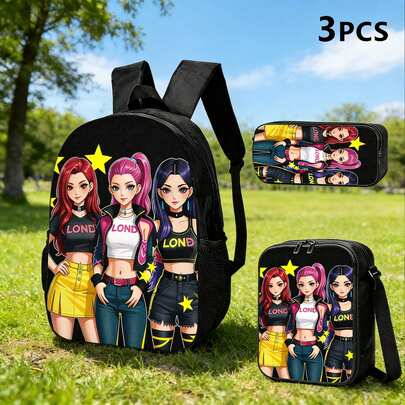 Bộ 2 món gồm ba lô và túi đeo chéo hình nhân vật nữ phong cách anime, cả hai đều được in 2D phẳng, mang chủ đề thời trang đô thị, phù hợp cho giới trẻ sử dụng hàng ngày khi đi làm, đi học hoặc đi du lịch.