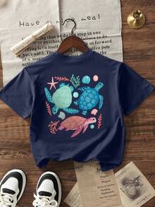 Tricou albastru-marin pentru fete adolescente, cu imprimeu tropical de broaște țestoase, lejer, cu mânecă scurtă, pentru vacanță la plajă - Albastru marin - Vizualizare 3