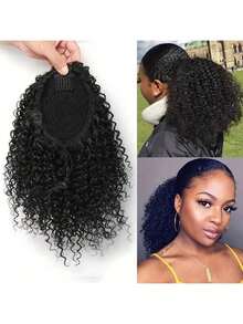 8 Inch Kinky Curly Ponytail Extension Drawstring Clip In Ponytail Natural Black Synthetic Hairpiece Fluffy Afro Curly Pony Tail For Women - Multicolor - View 1