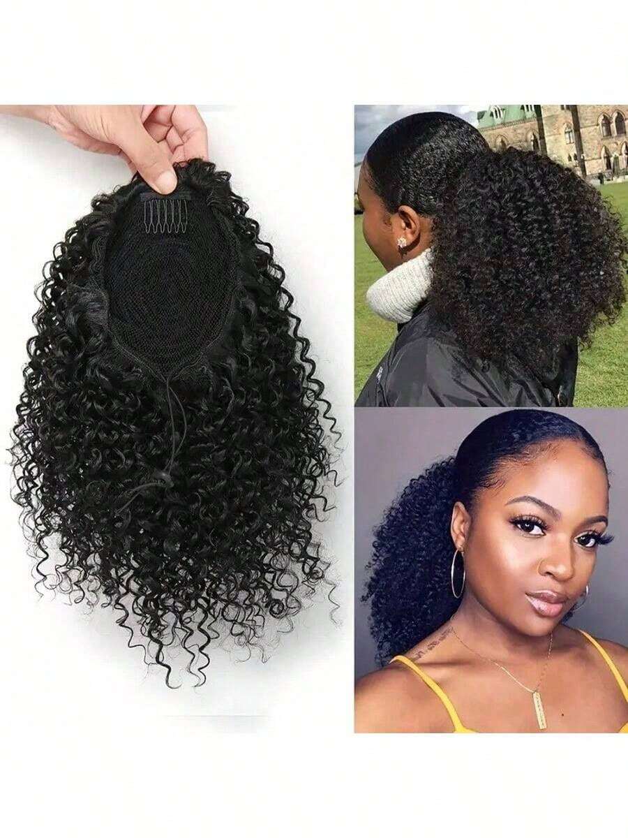 8 Inch Kinky Curly Ponytail Extension Drawstring Clip In Ponytail Natural Black Synthetic Hairpiece Fluffy Afro Curly Pony Tail For Women - Multicolor - View 1