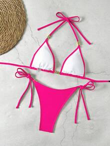 Bộ đồ bơi hai mảnh Lucky Girl Summer màu đen đính hạt cườm, kiểu dáng mới, thích hợp cho kỳ nghỉ biển. - Hồng hoa hồng - Xem 4