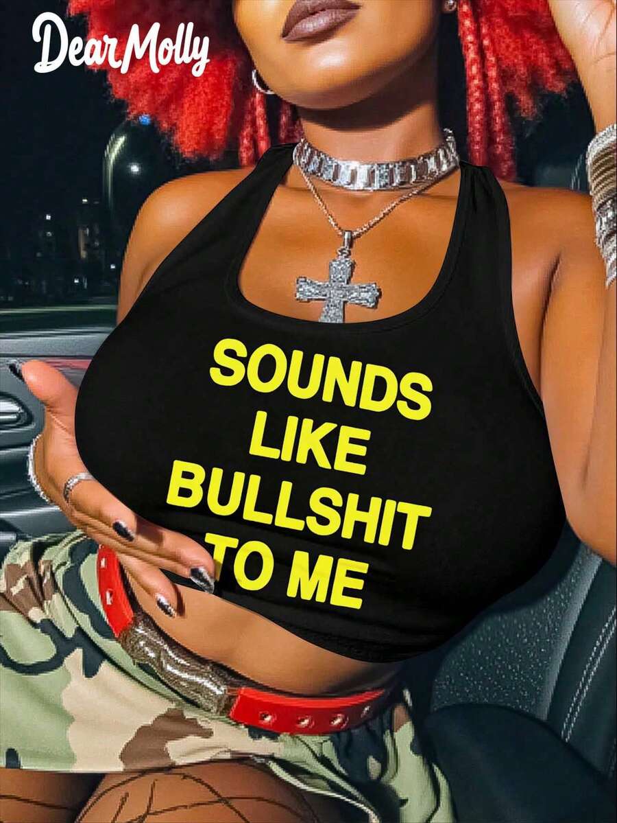 Sounds Like To Me Letter Graphic Halter Backless Sexy Tank Top, Suitable For Spring/Summer Daily Wear Casual Black - Black - View 1