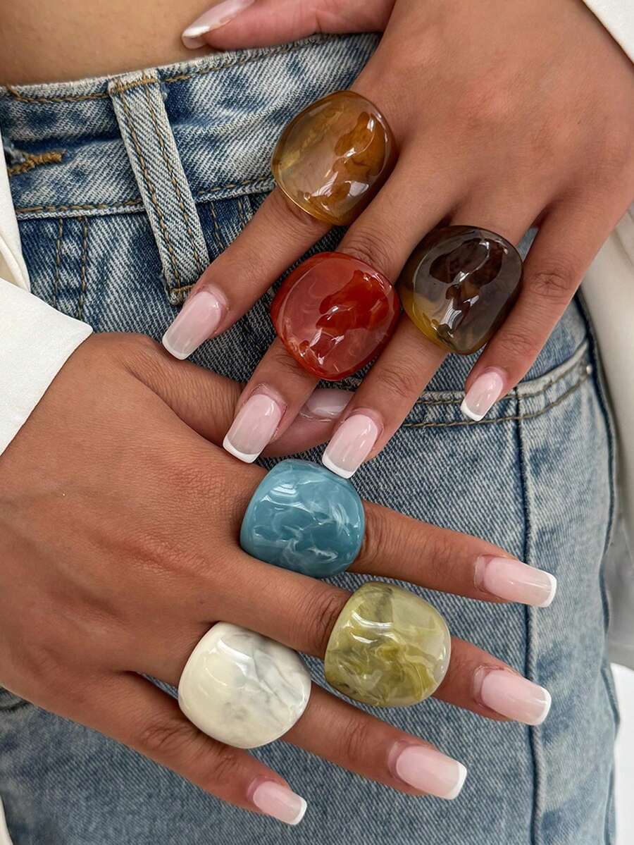 6pcs/Set Fashionable Glamorous Sparkling Unique Delicate Creative Luxury Versatile Elegant Geometric Colorful Resin Rings, Suitable For Women's Daily Wear, Festivals And Parties - Multicolor - View 1