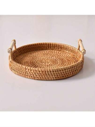 Japanese Style Rattan Pure Handmade Woven Round Tray Dessert Fruit Plate Storage Basket One Piece