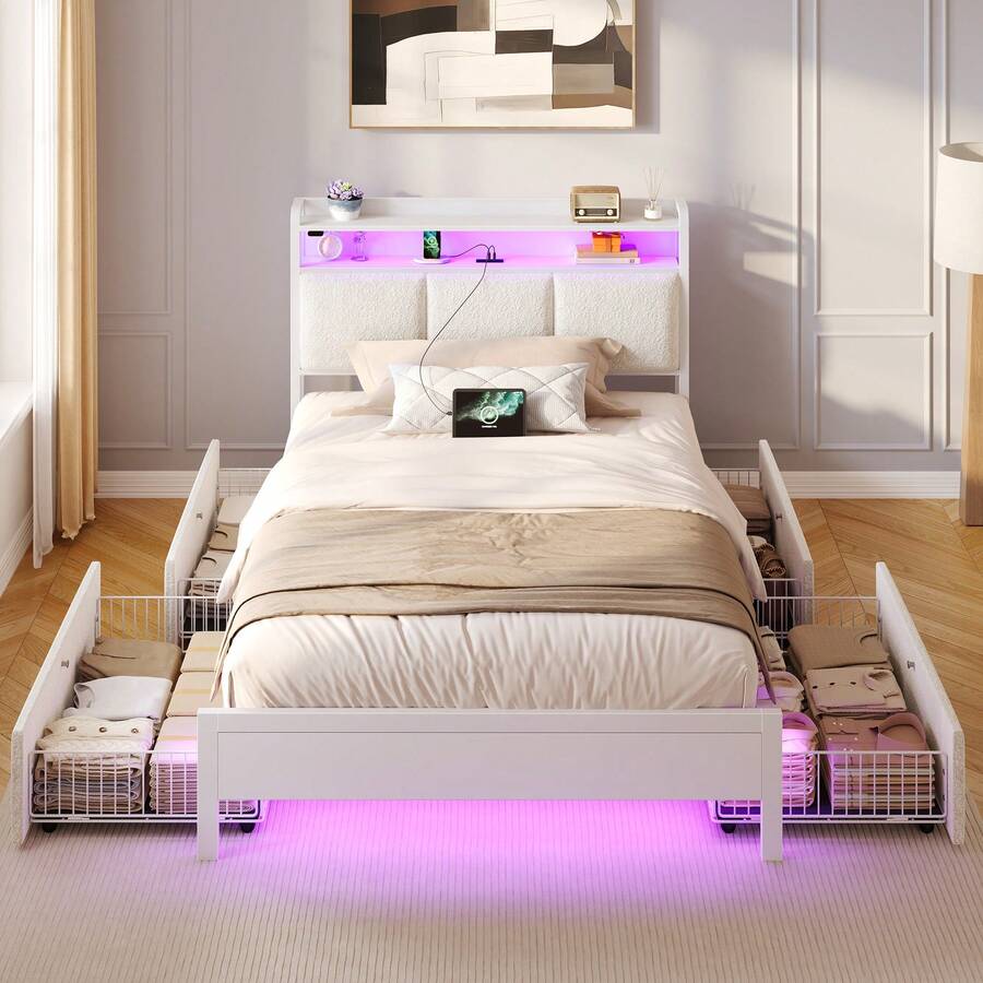 GREENSTELL Bed Frame Twin Size With Charging Station And LED Lights, Upholstered Storage Headboard With Drawers, Heavy Duty Metal Slats, No Box Spring Needed, Noise Free, Easy Assembly, Bedroom Deroc - trắng - Xem 1