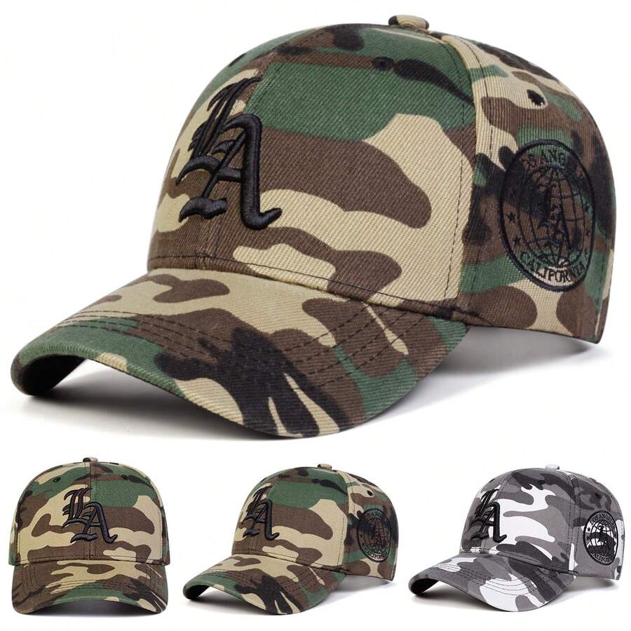 1pc Men's Gothic LA Letter Embroidery Camouflage Printed Baseball Cap, Fashionable Adjustable Sun Protection Casual Hat Suitable For Spring, Autumn Outings, Travel, Beach, Party - Multicolor - View 1
