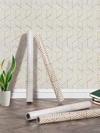 1 Roll Retro Thick Gold Regular Geometric Pattern Simple Striped Cube Suitable For Home Decoration, Kitchen Cabinets, Tables And Chairs, Room Backgrounds, Home Renovation DIY, Waterproof, Stain Resistant, Easy To Clean, Self-Adhesive, Peel And Paste Wallpaper Wall Stickers,Renovation Stickers Peel Wall Panels,Wall Paper, Wallpapers,Spring Decoration Items Refresh Your Home,Rama Decoration Stickers Gifts Birthday Graduation