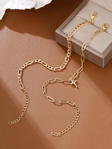 Nooxian 2pcs Set NK Copper Square Paperclip Chain, Fashion Cross & Cubic Zirconia Round Pendant Bracelet - Yellow Gold - View 4