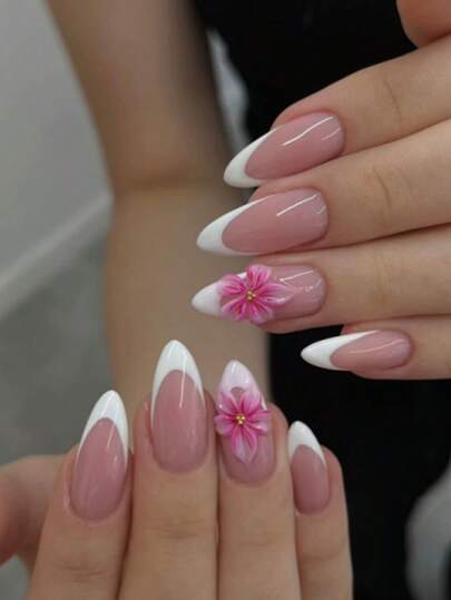 24pcs Press On Nails French White Fake Nails Almond Shape False Nails Nails Press On 3d Three-Dimensional Decoration Flowers Nails Art Press On Nails Manicure Set Includes 1sheet Adhesive Tabs & 1pc Mini File Perfect For Everyday Wvear