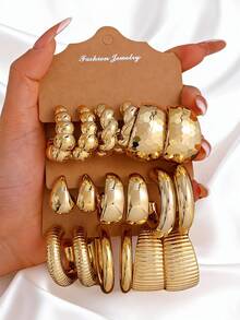 一套时尚简约几何图案CCB耳环，适合日常佩戴 - 金黃色 - 查看 7