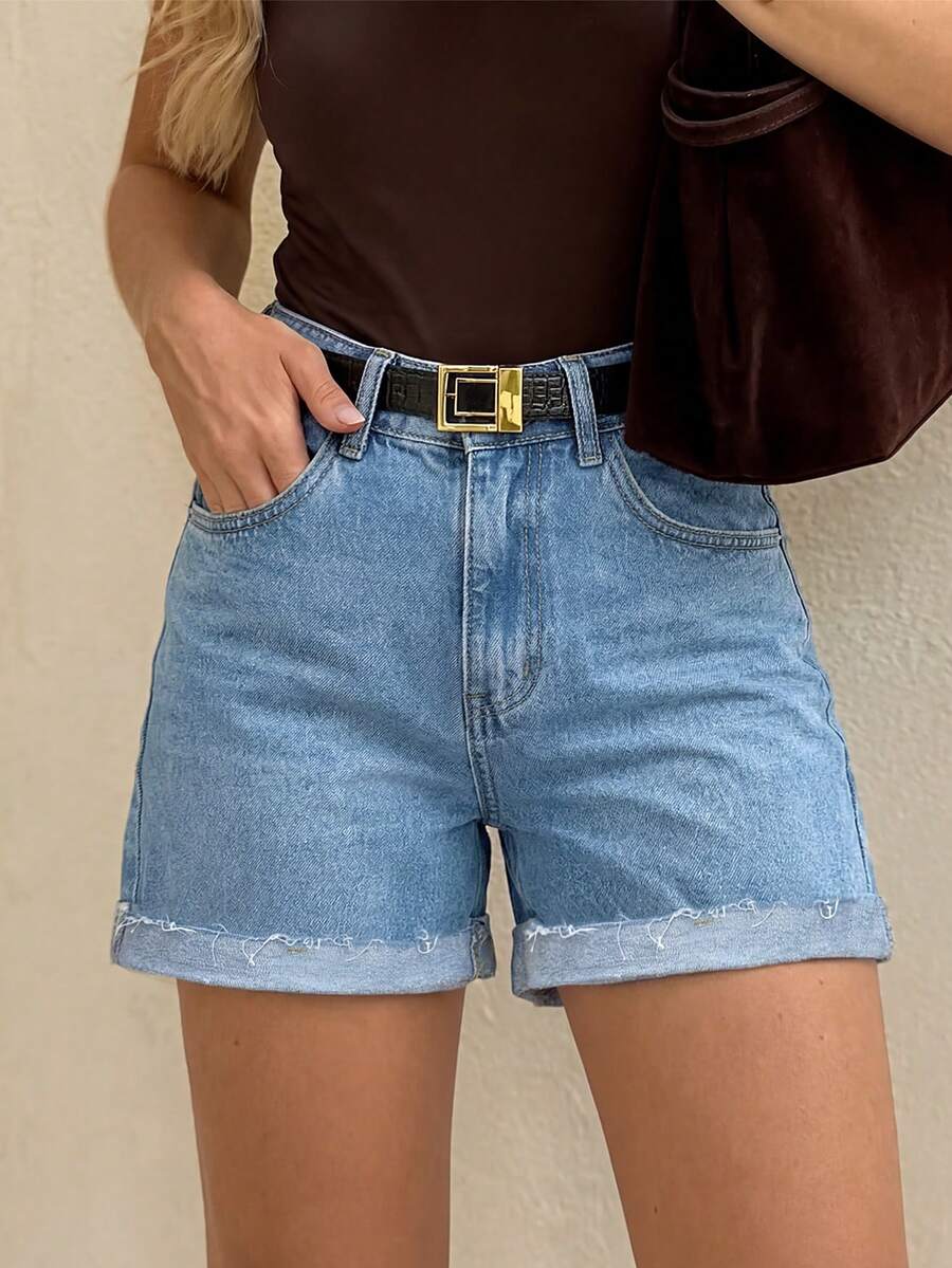 女士简约休闲百搭运动牛仔短裤，夏季 - 中等水洗藍 - 查看 1