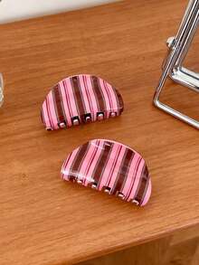 1pc Korean Retro Striped Acrylic Hair Clip, Blue And Coffee Color Elegant Hair Accessory, Suitable For Daily, Wedding, School, Party And Holiday Occasions - Multicolor - View 2