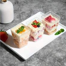 [10 piezas/20 piezas/25 piezas/50 piezas/100 piezas] Tazas cuadradas transparentes para helado, mousse, con tapas, tazas de postre, tazas de pudín, adecuadas para cafeterías, aperitivos, bufés, hogar, fiestas, repostería - baja temperatura y fácil de limpiar - transparente - Ver 3