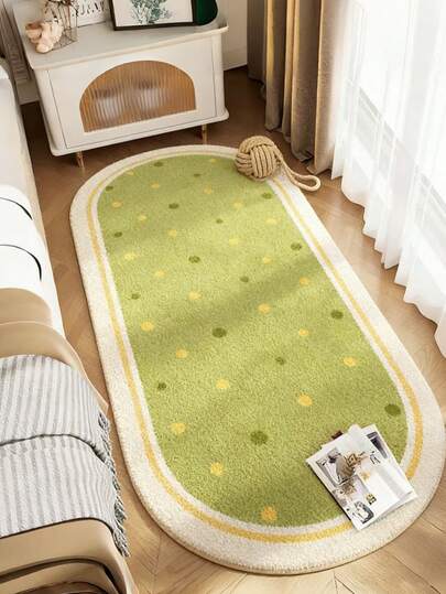 1pc Polka Dot Green Oval Faux Wool Rug, Minimalist Fresh Style, Soft & Comfortable, Foldable & Washable, Suitable For Bedroom, Indoor And Camping, Bedroom Decor, Bedside Rug, Holiday Decor, Home Decorative Carpet