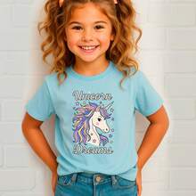 Unicorn Dreams T-Shirt For Girls, 100% Cotton, Designs, School, Outings And Everyday Wear, Short Sleeve, Spring/Summer/Pre-Teen - 淺藍色 - 查看 2