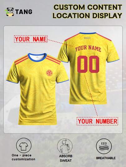 Camiseta de fútbol personalizada para hombre de Colombia, talla 25/26, con cuello redondo cómodo, camiseta deportiva suave y ligera, adecuada para entrenamiento de fútbol, uso casual y como regalo de verano