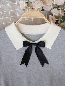 Summer New French Contrasting Peter Pan Neck Dress With Sweet Bow And Short Sleeves, Slimming And Slimming Skirt Spring - Grey - View 9