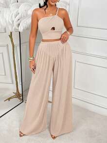 AIJ 女士性感波西米亚风休闲单肩镂空露脐上衣配口袋阔腿裤两件套，中等弹力 - 杏色 - 查看 5