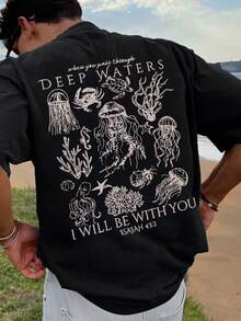 男士个性化印花短袖T恤，舒适透气，适合夏季穿着，引领时尚潮流 - 黑色 - 查看 3