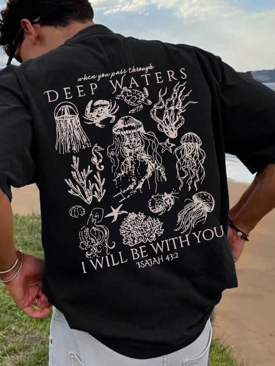 男士个性化印花短袖T恤，舒适透气，适合夏季穿着，引领时尚潮流 - 黑色 - 查看 1