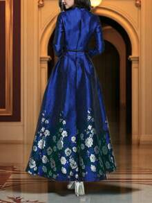 DEVCHATA 奢华优雅提花长袖深V领女士正式晚礼服，梭织面料，魅力十足，适合宴会和各种场合，秋冬季节穿着，花卉图案位置随机（不含腰带） - 藍色 - 查看 3