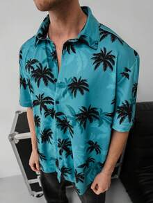 Men's Tropical Print Casual Vacation Shirt - Blue - View 1