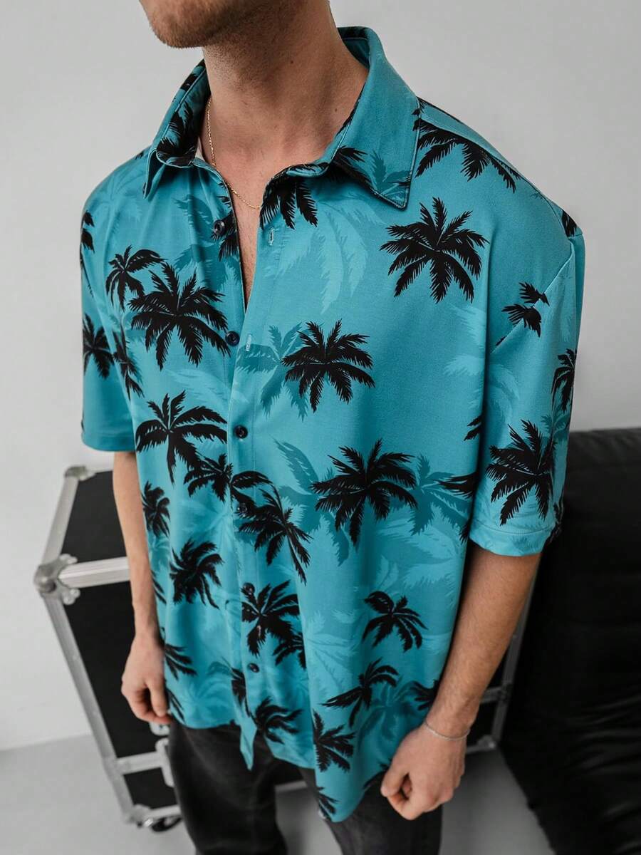 Men's Tropical Print Casual Vacation Shirt - Blue - View 1