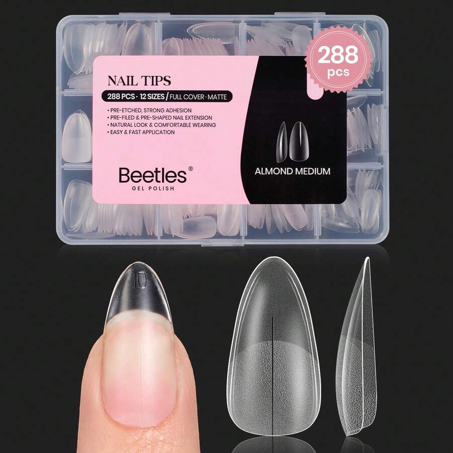 Beetles Soft Gel Nail Tips Short Almond 288pcs In 12 Sizes, Etch-X Pre-Etched Full Cover Acrylic Fake Nails Art - Bộ móng giả màu hạnh nhân cỡ trung bình 288 chiếc (móng giả phủ mờ hoàn toàn) - Xem 1