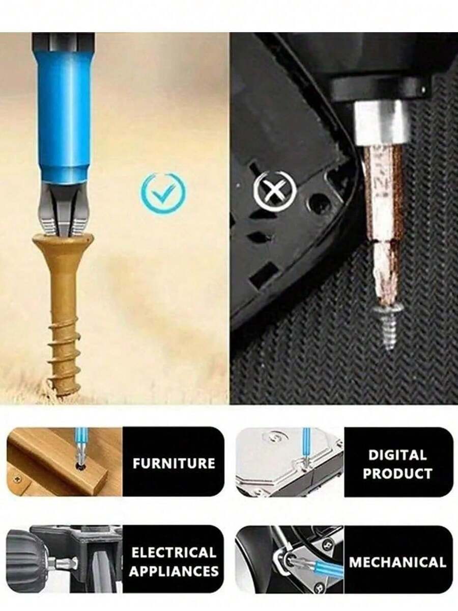 6件套磁性十字头钻头 - 防滑 PH1 PZ1 PH2 PZ2 PH3 PZ3 50mm长带齿 - 1/4英寸六角柄单头，适用于电动螺丝刀钻 - A - 查看 1