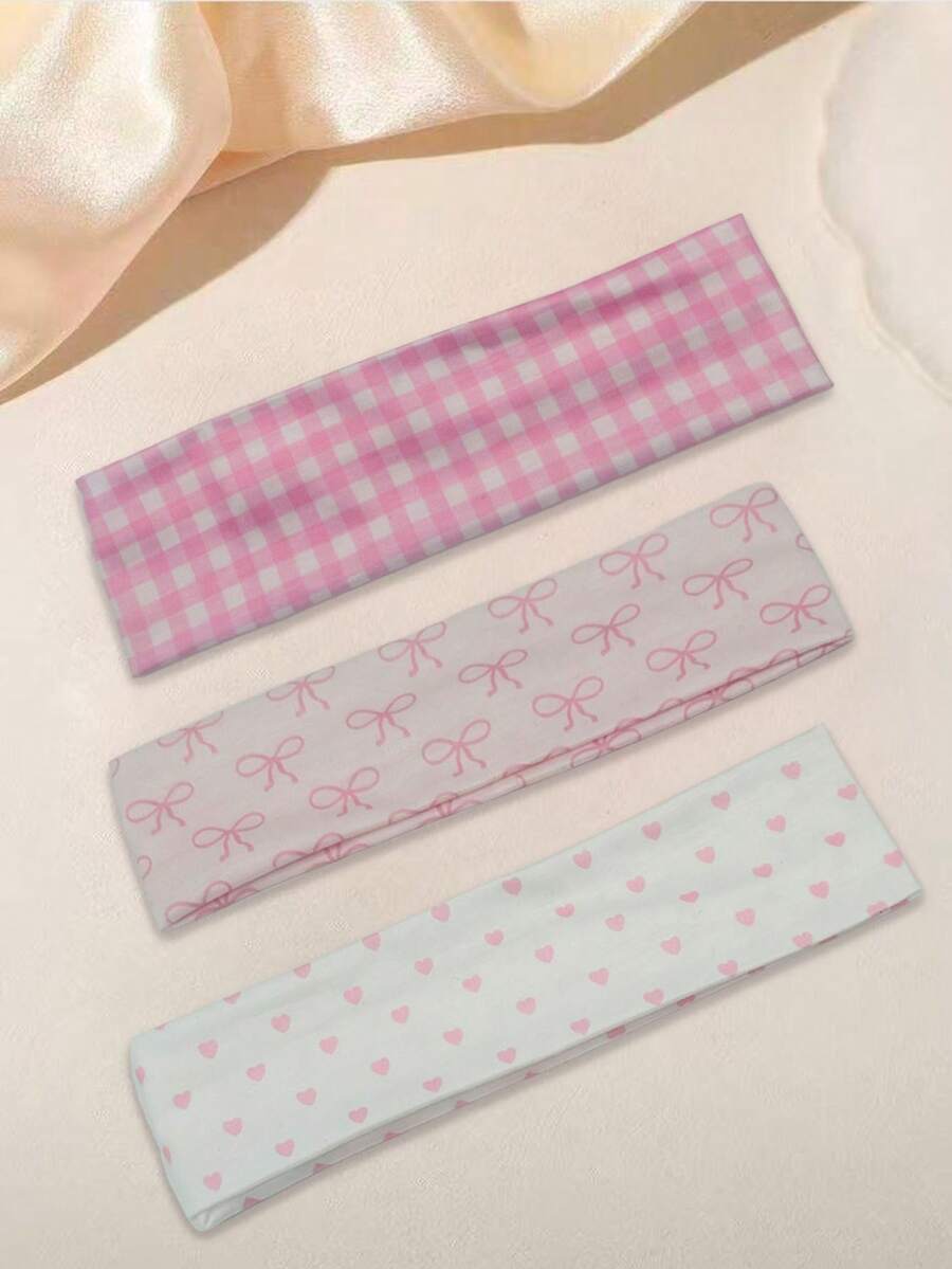 3pk Collegiate Style Plaid, Heart , Bow Print Headbands For Women, Casual Versatile For Daily Wearing, Street Walking, Travel Decorate Hair Accessories, Soft Fabric Hair Band Head Wrap For Sports, Workout, Yoga Or Fitness, Elastic Stretchy Non Slip Checkered Head Wearing Accessories Summer Sport Sweatband,Holiday - Multicolor - View 1