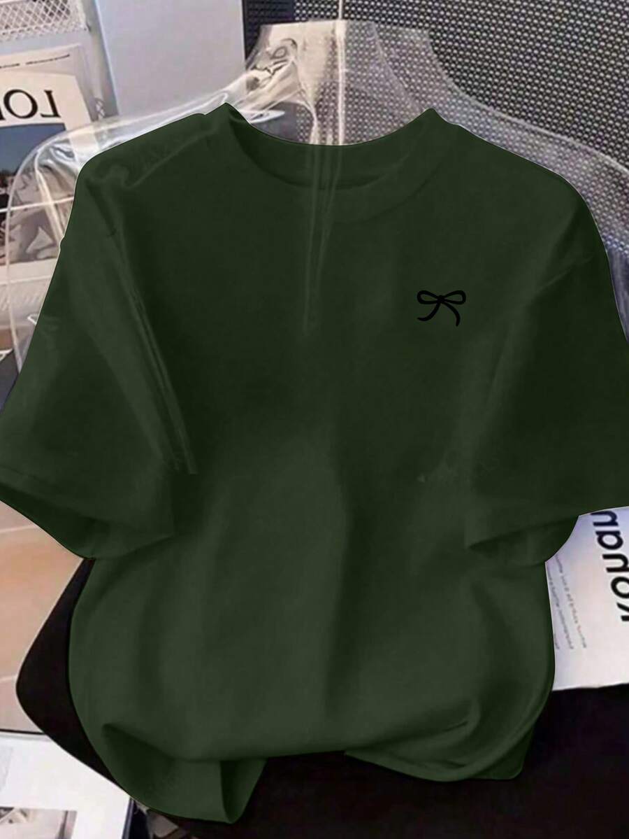 蝴蝶结印花宽松短袖T恤，春夏休闲款 - 綠色 - 查看 1