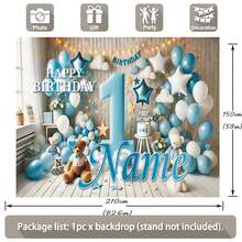 Phông nền "Chúc mừng sinh nhật lần thứ nhất" màu xanh dương và hồng có thể tùy chỉnh với bóng bay màu xanh nhạt, gấu bông, hoa hồng, hộp quà lấp lánh màu vàng và thiết kế khinh khí cầu - Hoàn hảo cho sinh nhật lần thứ nhất, tiệc mừng em bé, chụp ảnh kỷ niệm sinh nhật và làm phông nền chụp ảnh. Banner bằng vinyl - Nhiều màu - Xem 6