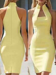 Women's Elegant Solid Color Zipper Shoulder Dress, Suitable For Party And Date Summer - Pale Yellow - View 9