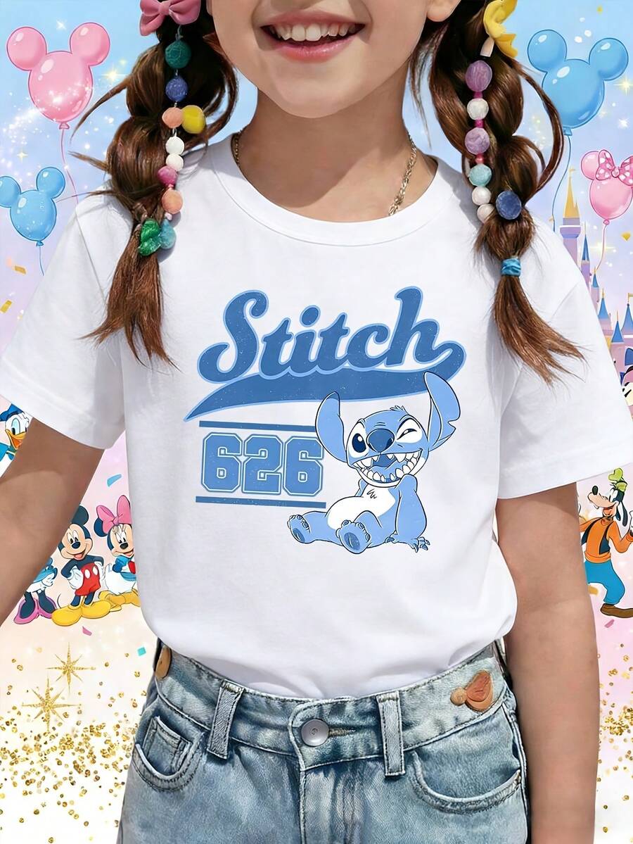 Disney Lilo And Stitch 626 Retro Varsity Athletic Lettering Printed Pattern T-Shirts For Girls - Children's Clothing Design Short-Sleeved Casual And Cute Style Comfortable And Casual Wear All Year Round Suitable For Parties And Play Machine Washable Gift Children's Clothing Girls' Short-Sleeved Shirts - trắng - Xem 1