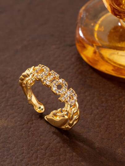 Luxury Fully Paved Diamond D-Letter Heart Open Ring, Delicate Vintage Cuban Chain Design, Adjustable Minimalist High-End Versatile Accessory, Trending Influencer Jewelry Gift For Girlfriend, Anniversary