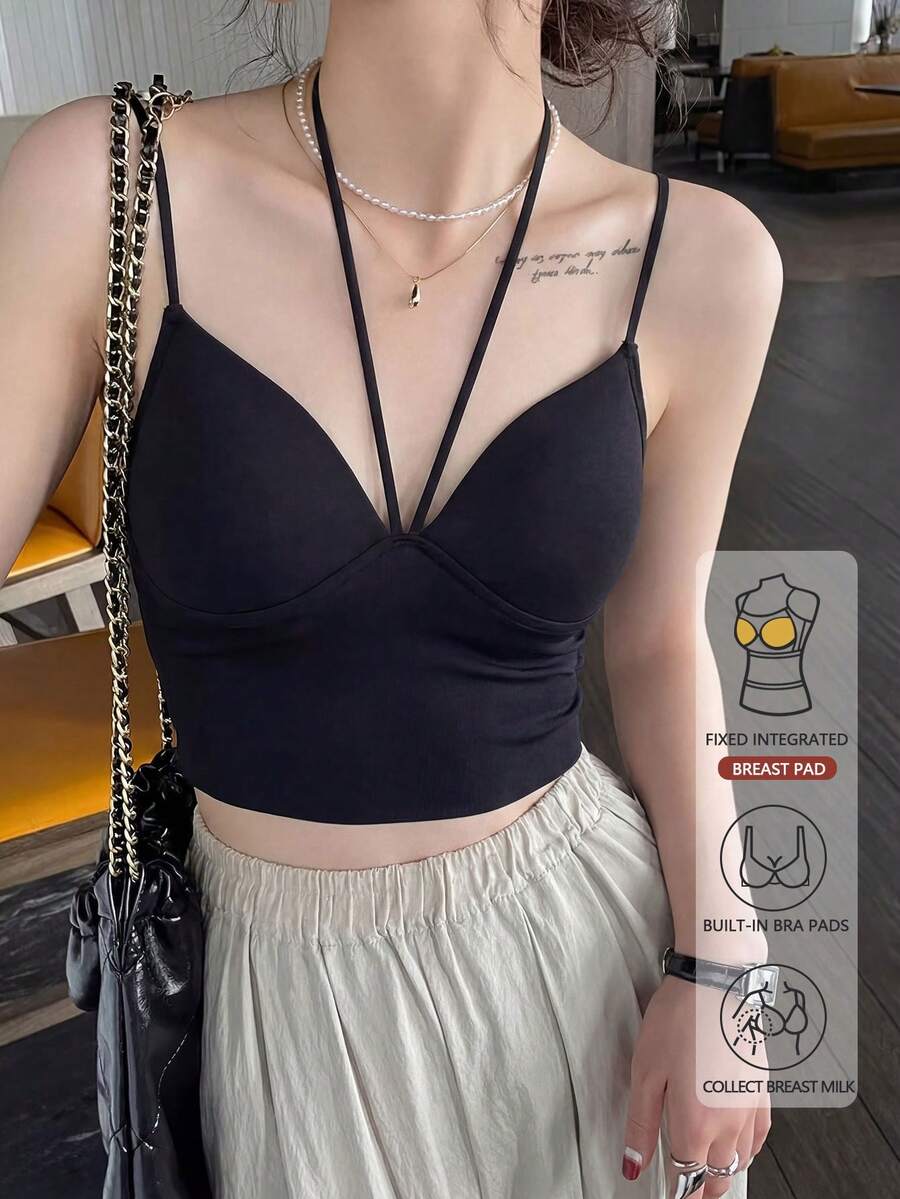 Spring/Summer Fashionable Sexy Women Camisole With Padded, Women Built-In Bra Camisole Layered Tank Top - Black - View 1