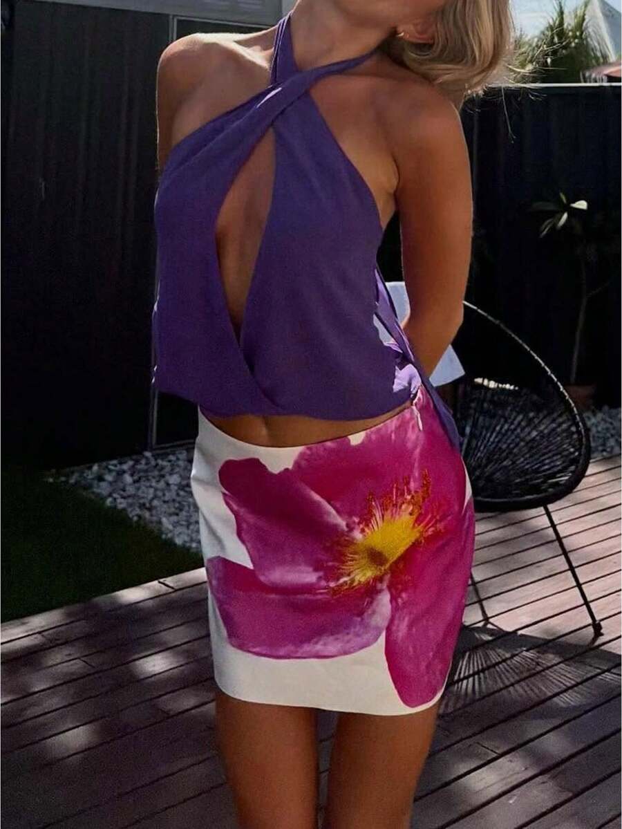 Women's Criss Cross Halter Sleeveless Wrap Front Backless Cami Crop Top Clubbing - Purple - View 1