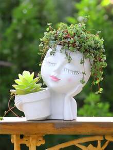 1pc Handmade Face Shaped Planter, Upright "Kissing" Face Planter, Suitable For Hanging Plants, Cute Succulent Planter, Made Of Resin, Funny Face Design Planter, White, 1 Piece. - Color - View 15
