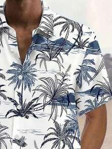 夏威夷椰树印花纽扣短袖衬衫，男士加大码 - 白色 - 查看 4