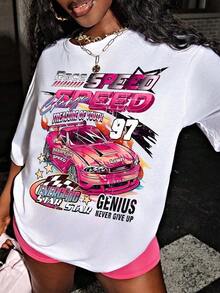 Oversize Women's Casual Loose Gray T-Shirt With Popular Car Pattern - 白色 - 查看 4