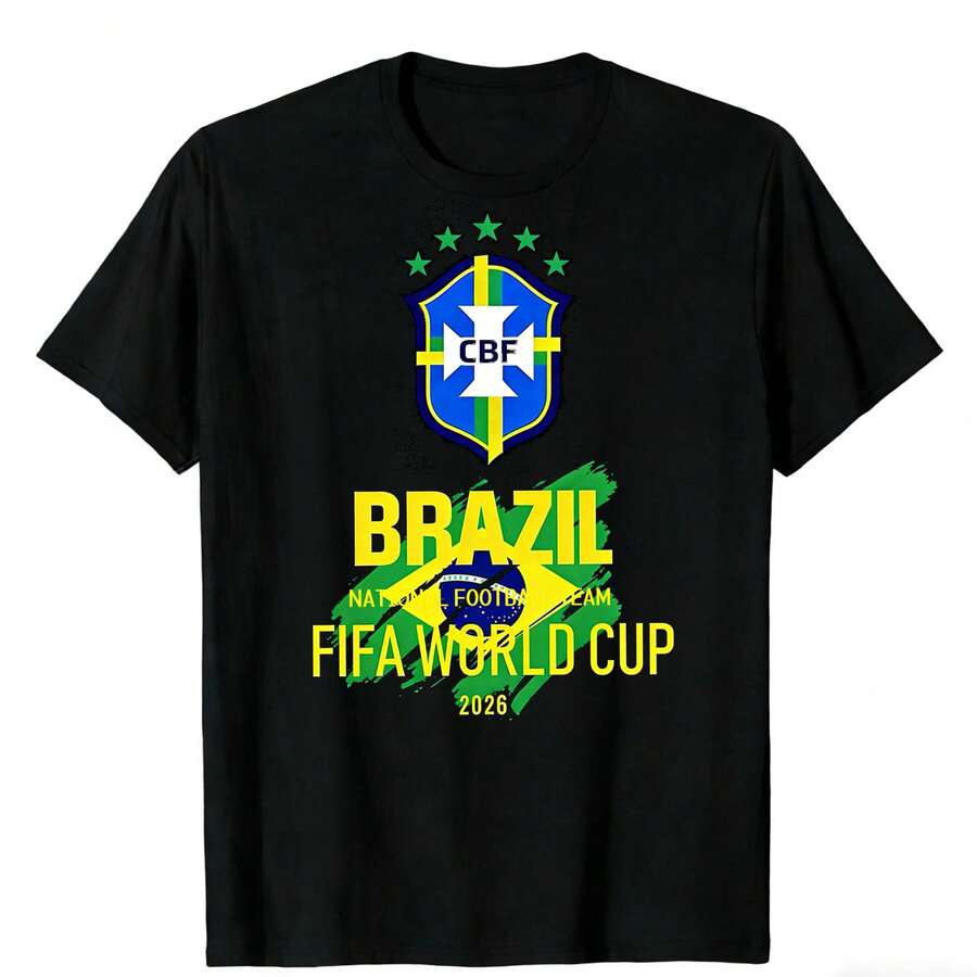 Brazil National Football Team FIFAs World Cup 2026 T-Shirt, World Cup 2026 T-Shirt Short Sleeve - 黑色 - 查看 1