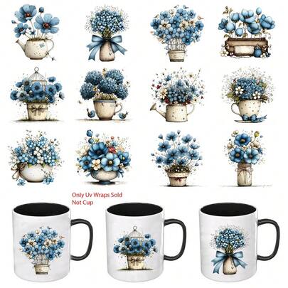 Set Of 12 Spring Blue Flowers Transfer Stickers Sheets For 16Oz Glass Jars Furniture, Glass, Cup - UV DTF Vinyl Featuring Whimsical Floral Graphics, Ideal For Projects, Home Decoration, And Gift Creation, Craft Embellishments | Floral Pattern | Vinyl, Flower Embellishments Waterproof Adhesive Craft Wraps For Home Decoration