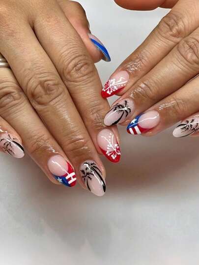 24片/套椭圆形红蓝爱国美甲贴，法式椰树海滩设计，短款按压式美甲，适合辣妹、OL、派对、约会和日常佩戴